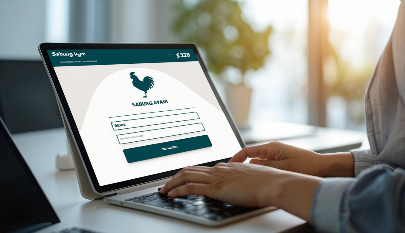 Seseorang menggunakan laptop di meja kerja dengan latar belakang simbol ayam jantan, menggambarkan proses pendaftaran online Sabung Ayam S128 yang cepat dan resmi.