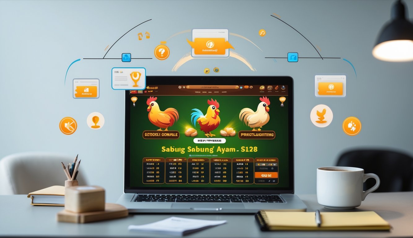Seseorang menggunakan laptop dengan tampilan situs sabung ayam online, di meja terdapat cangkir kopi dan buku catatan.