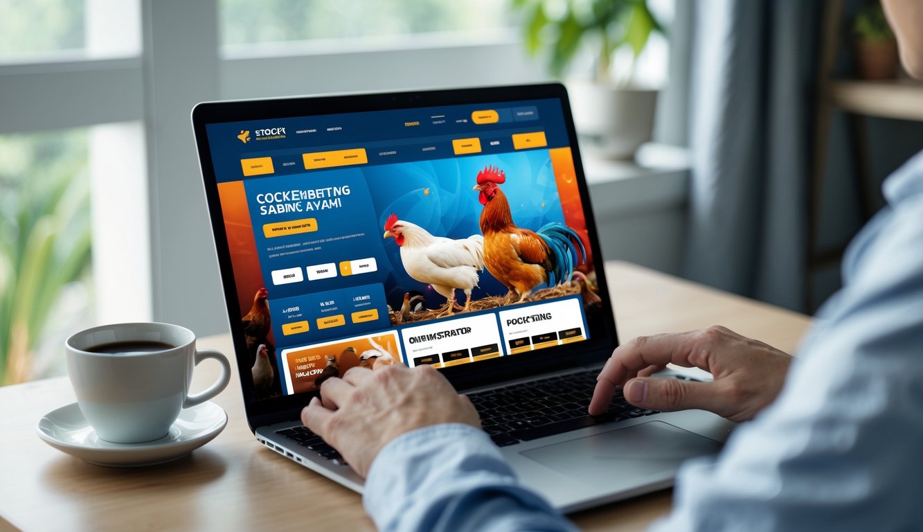 Seseorang menggunakan laptop di ruang kerja modern dengan layar menampilkan antarmuka situs taruhan online sabung ayam.