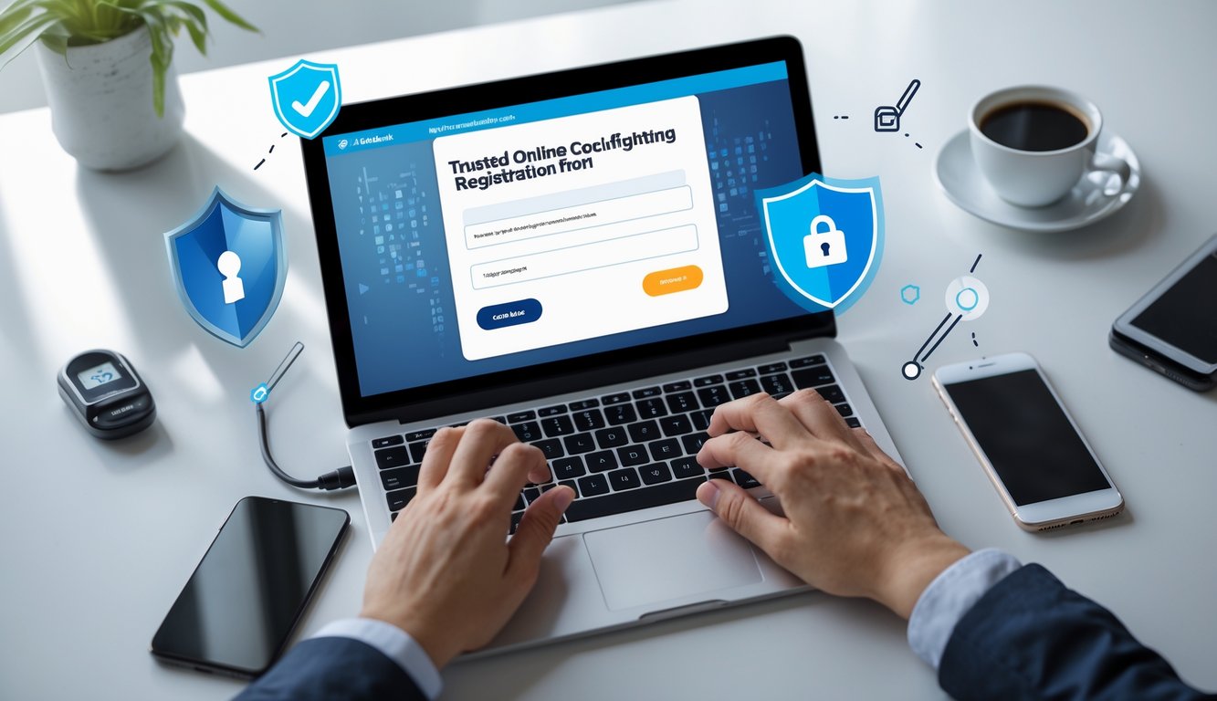 Seorang pengguna sedang mengetik di laptop dengan layar formulir pendaftaran, dikelilingi ikon keamanan dan perangkat digital di meja kerja.