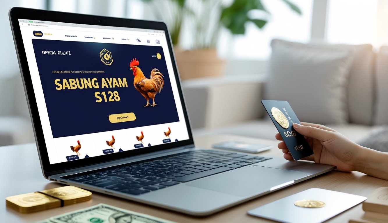Seorang pengguna sedang mengakses platform online resmi untuk sabung ayam melalui laptop di meja kerja dengan latar belakang ruangan yang rapi.