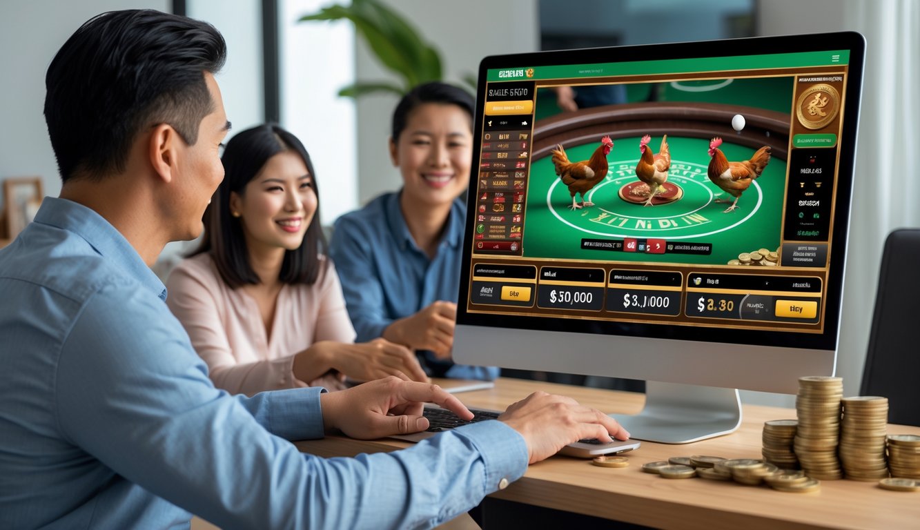 Beberapa orang sedang menggunakan komputer dengan tampilan platform taruhan sabung ayam online di ruangan yang terang dan modern.