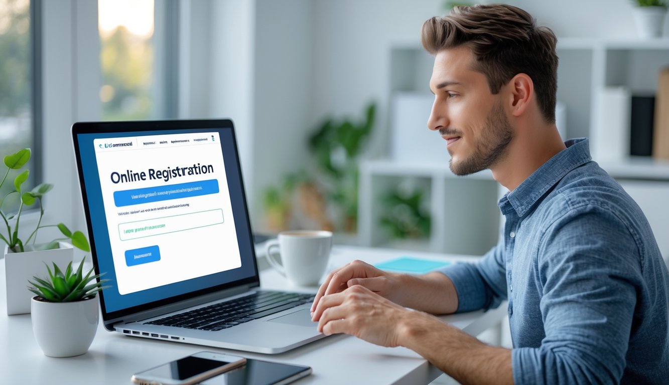 Seorang pria muda duduk di meja kerja dengan laptop dan ponsel, sedang melakukan pendaftaran online di ruang kerja yang terang dan rapi.