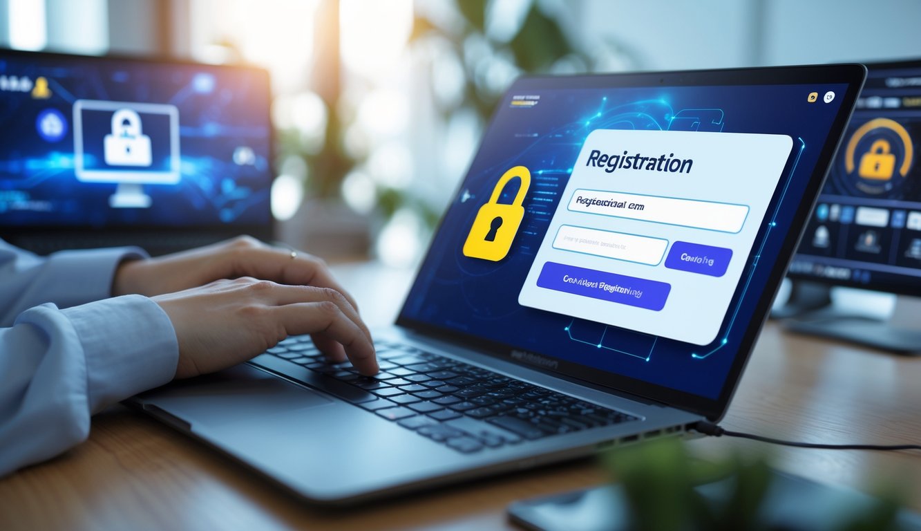 Seseorang sedang mengetik di laptop dengan tampilan formulir pendaftaran online Sabung Ayam S128 di layar.