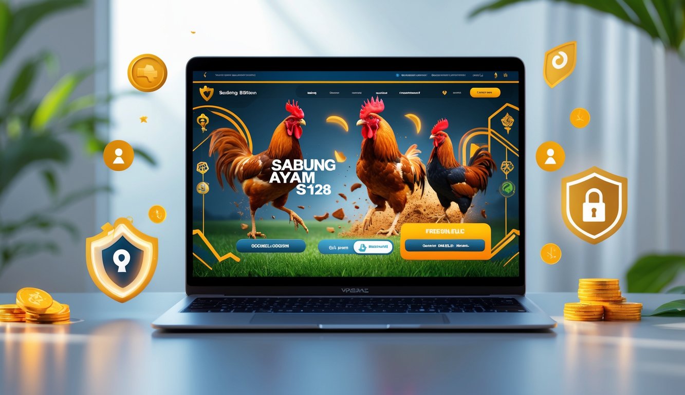 Seorang pengguna duduk di depan laptop yang menampilkan situs Sabung Ayam S128 online dengan grafik ayam aduan dan simbol keamanan di meja kerja yang rapi.