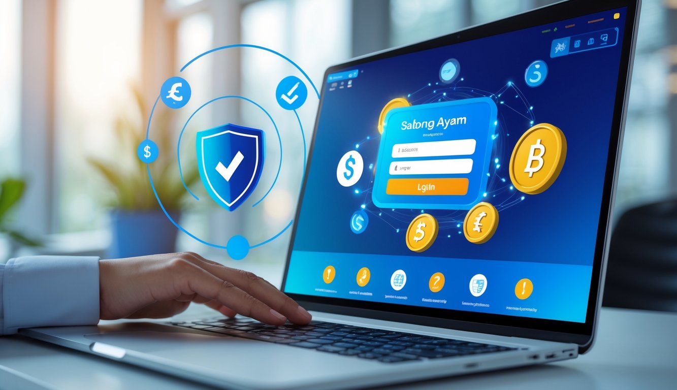 Seorang pengguna duduk di depan laptop dengan tampilan platform taruhan online yang aman dan terpercaya di lingkungan kantor yang terang dan profesional.