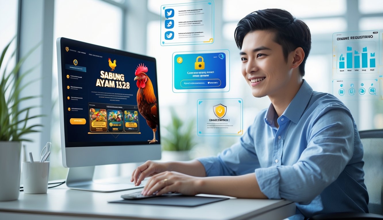 Seorang pria muda duduk di depan komputer di kantor modern, tersenyum sambil melihat layar yang menampilkan antarmuka permainan online Sabung Ayam S128.