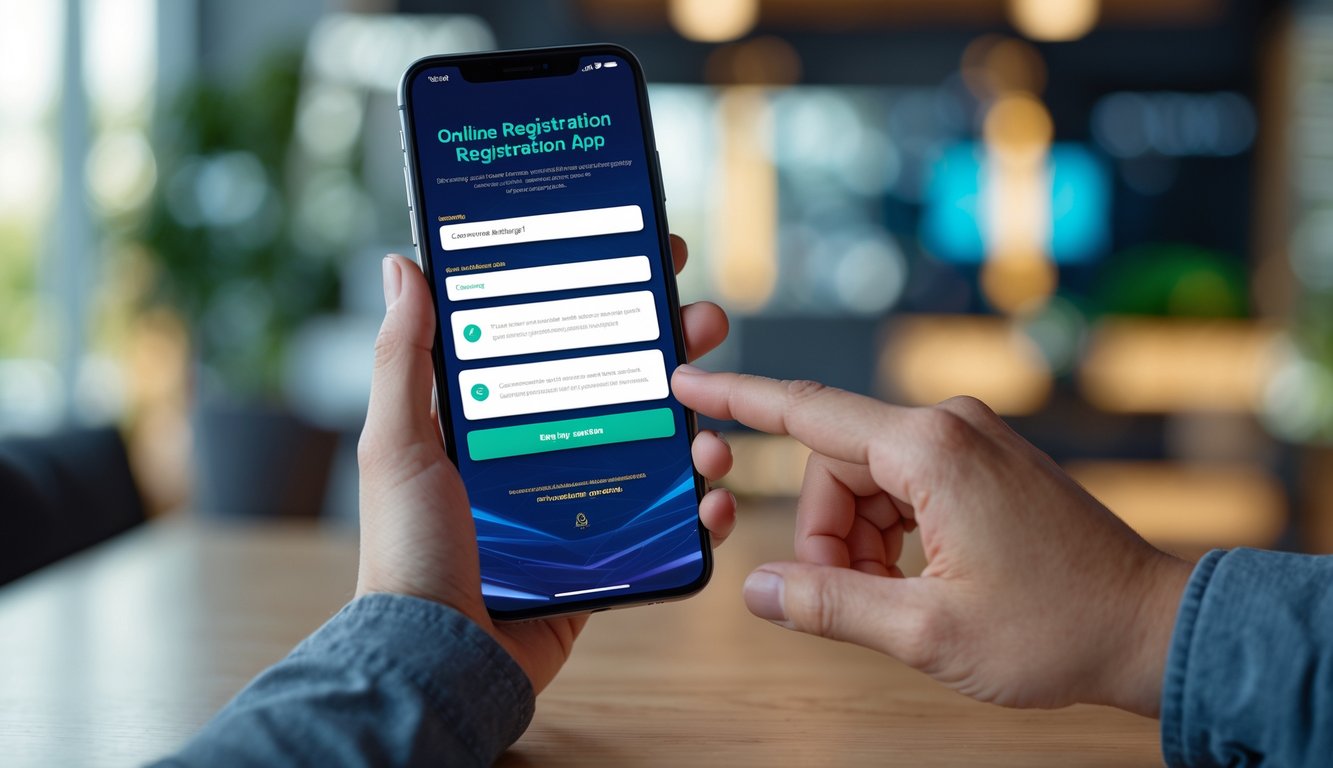 Seseorang memegang ponsel dan sedang menggunakan aplikasi pendaftaran online di dalam ruangan.