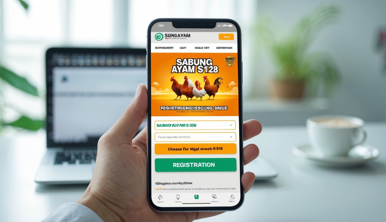 Tangan memegang ponsel yang menampilkan antarmuka pendaftaran online Sabung Ayam S128 dengan latar belakang ruangan terang dan peralatan kerja.