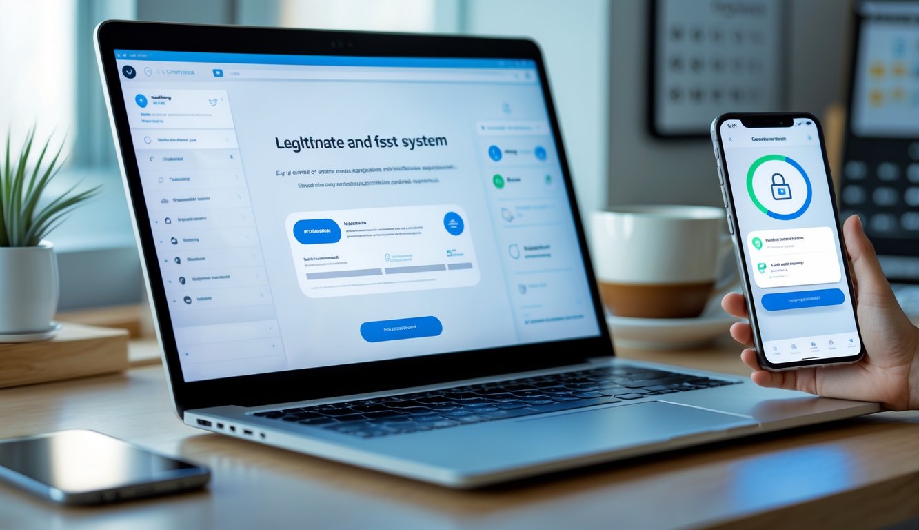Sebuah meja kerja modern dengan laptop dan ponsel yang menampilkan layar transaksi online cepat dan aman.