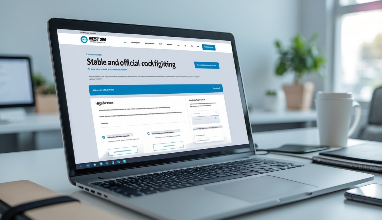 Seseorang menggunakan laptop dengan tampilan situs web pendaftaran platform sabung ayam online resmi di lingkungan kantor yang rapi.