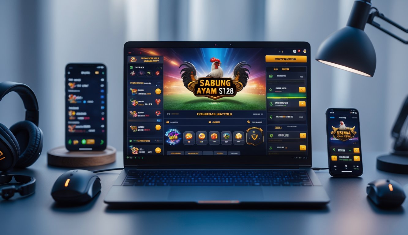 Sebuah meja kerja dengan laptop yang menampilkan platform taruhan sabung ayam online, dikelilingi oleh aksesori gaming seperti mouse dan headphone.