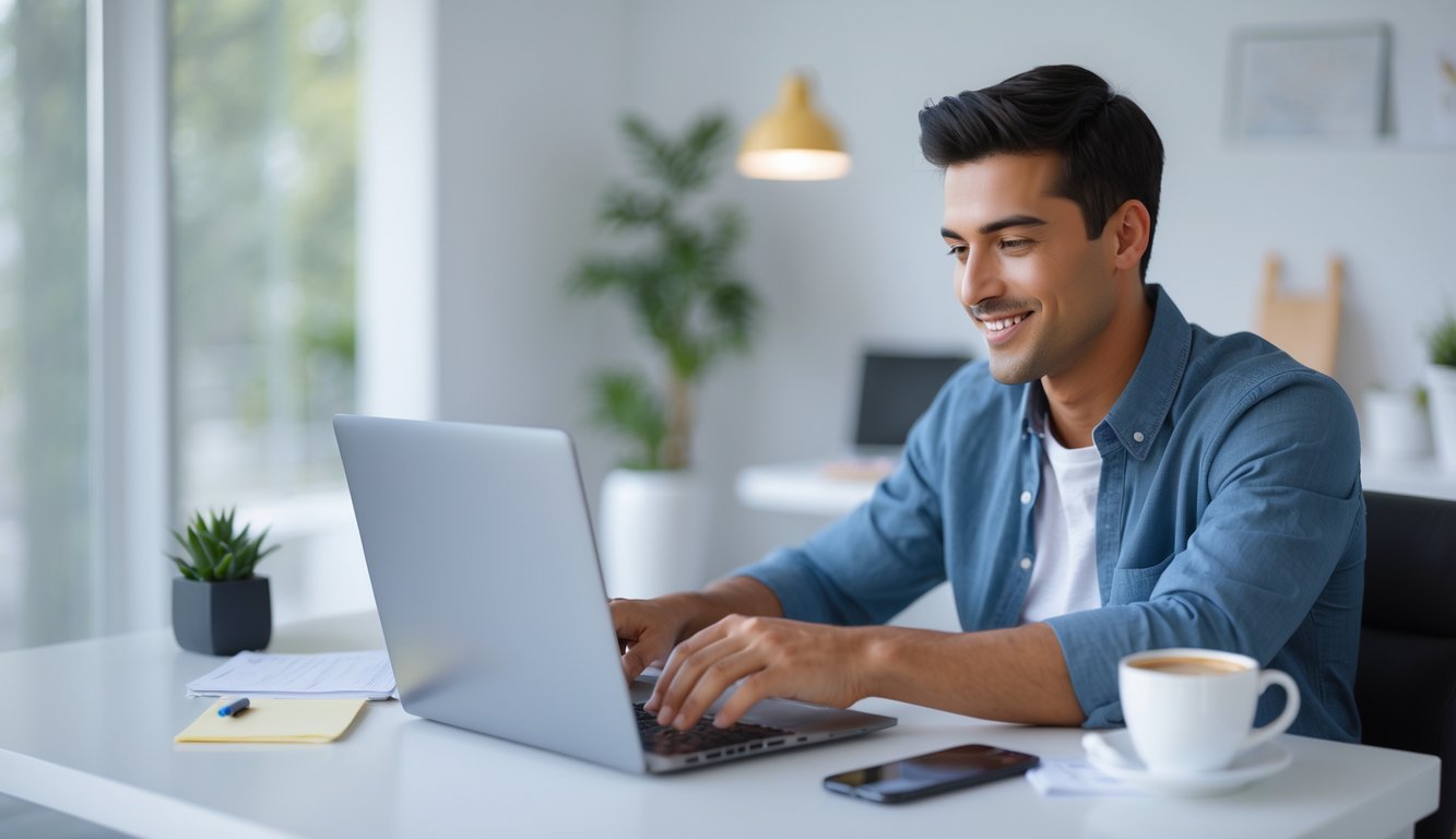 Seorang pria muda duduk di meja dengan laptop di ruang kerja rumah yang terang dan rapi, terlihat fokus dan percaya diri menggunakan layanan online.