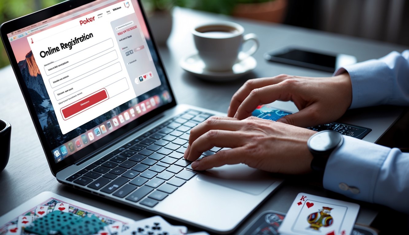 Seseorang sedang mendaftar poker online di laptop dengan chip poker dan kartu di meja.