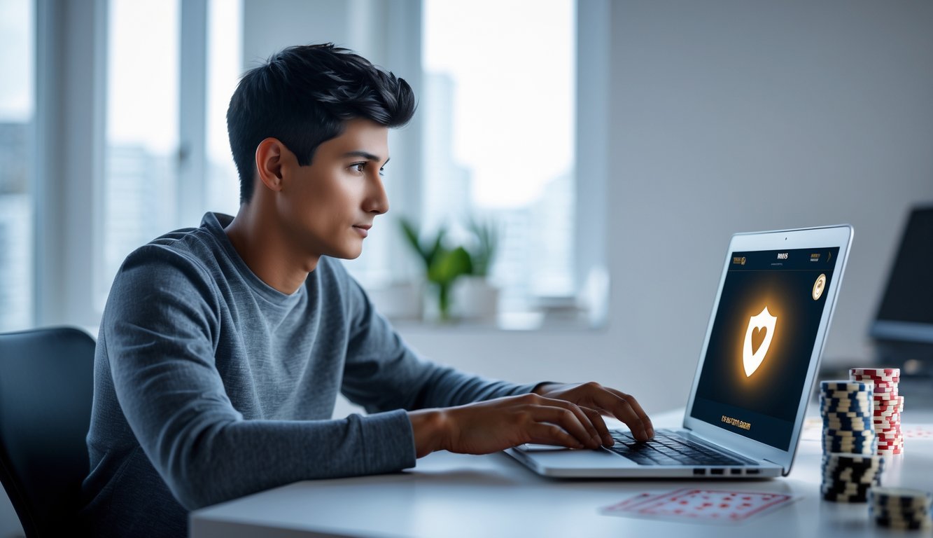 Seorang pria muda duduk di meja modern sambil bermain poker online di laptop dengan ekspresi fokus.