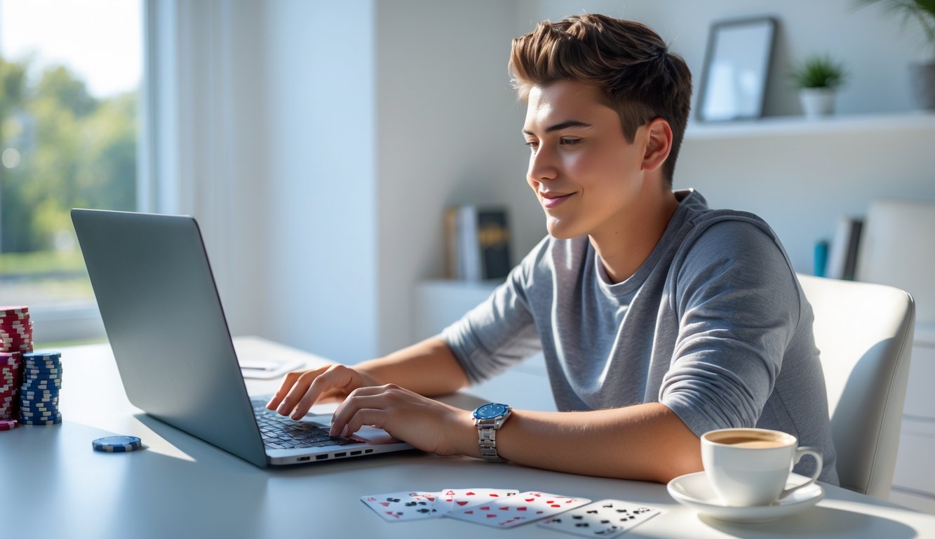 Seorang dewasa muda duduk di meja modern menggunakan laptop untuk bermain poker online, dengan chip poker dan kartu bermain di sekitar meja.