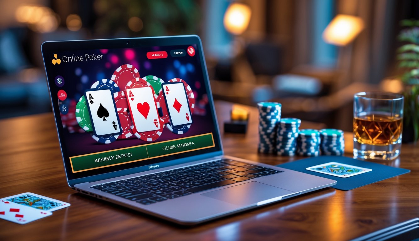 Sebuah meja kayu dengan komputer menampilkan permainan poker online, dikelilingi chip poker dan kartu bermain.