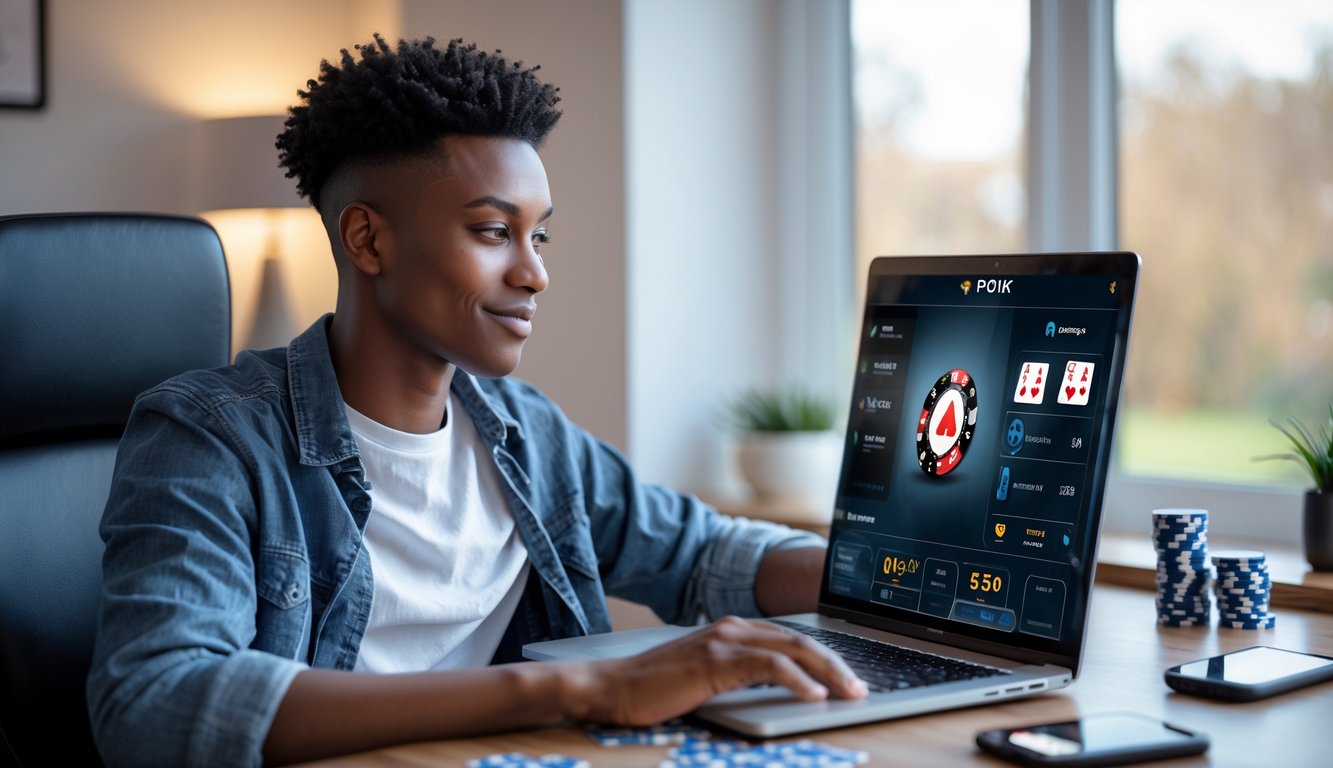 Seorang dewasa muda duduk di meja modern menggunakan laptop dengan elemen poker seperti kartu dan chip di sekitarnya.