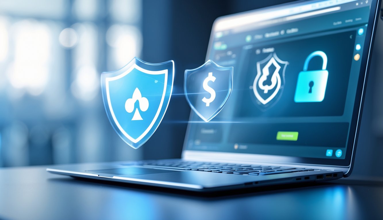 Seorang pengguna bermain poker online di laptop dengan simbol keamanan digital di sekitar perangkat.