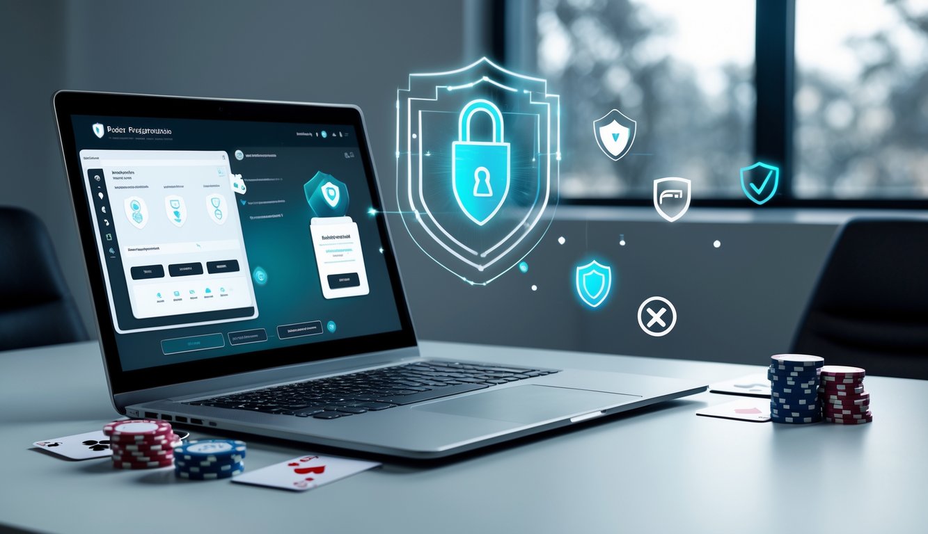 Seorang pengguna bekerja dengan laptop yang menampilkan permainan poker online, dikelilingi oleh chip poker dan kartu, dengan ikon keamanan digital di latar belakang.