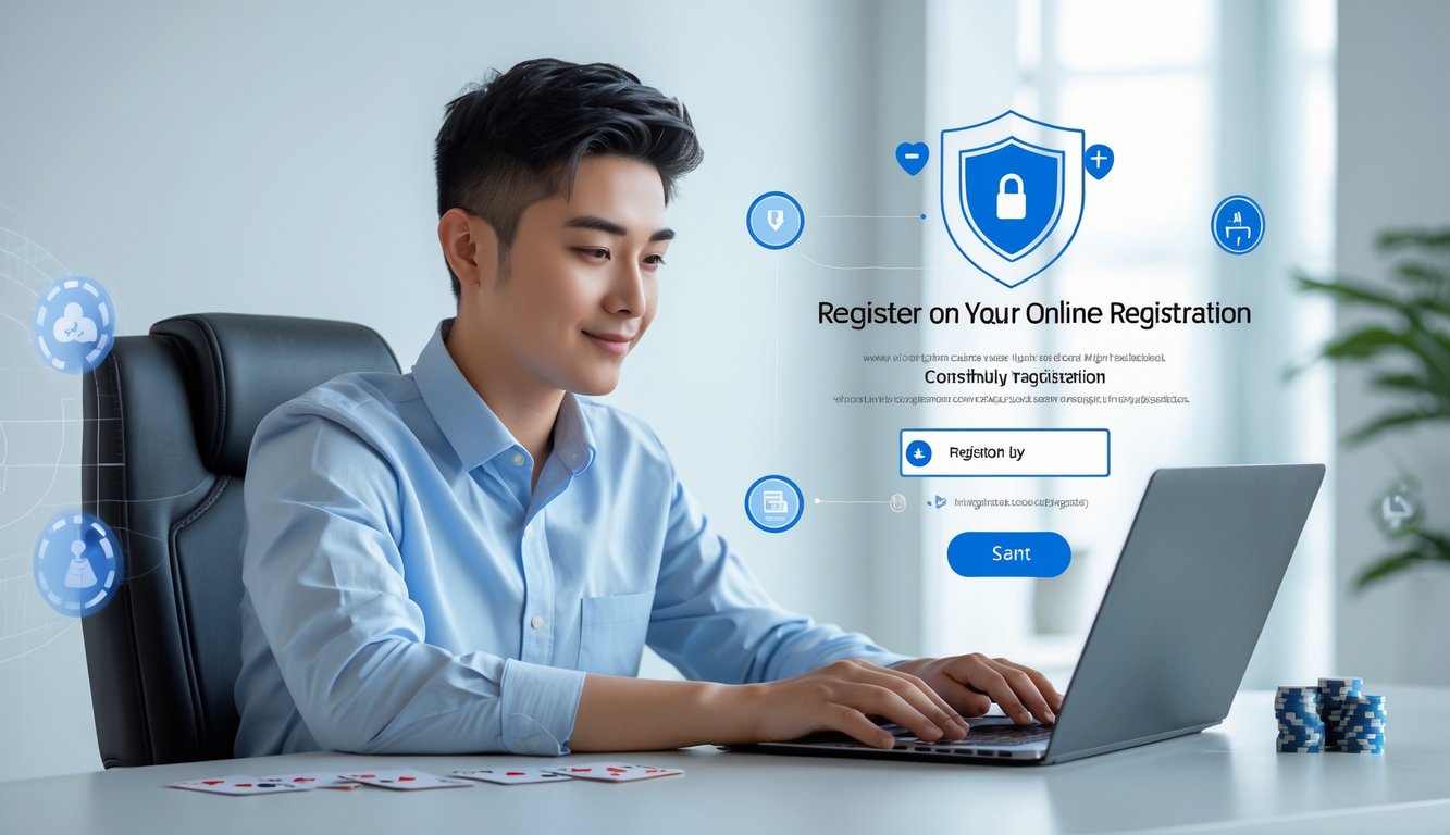 Seseorang duduk di meja dengan laptop, fokus mendaftar di situs poker online yang aman dan terpercaya.