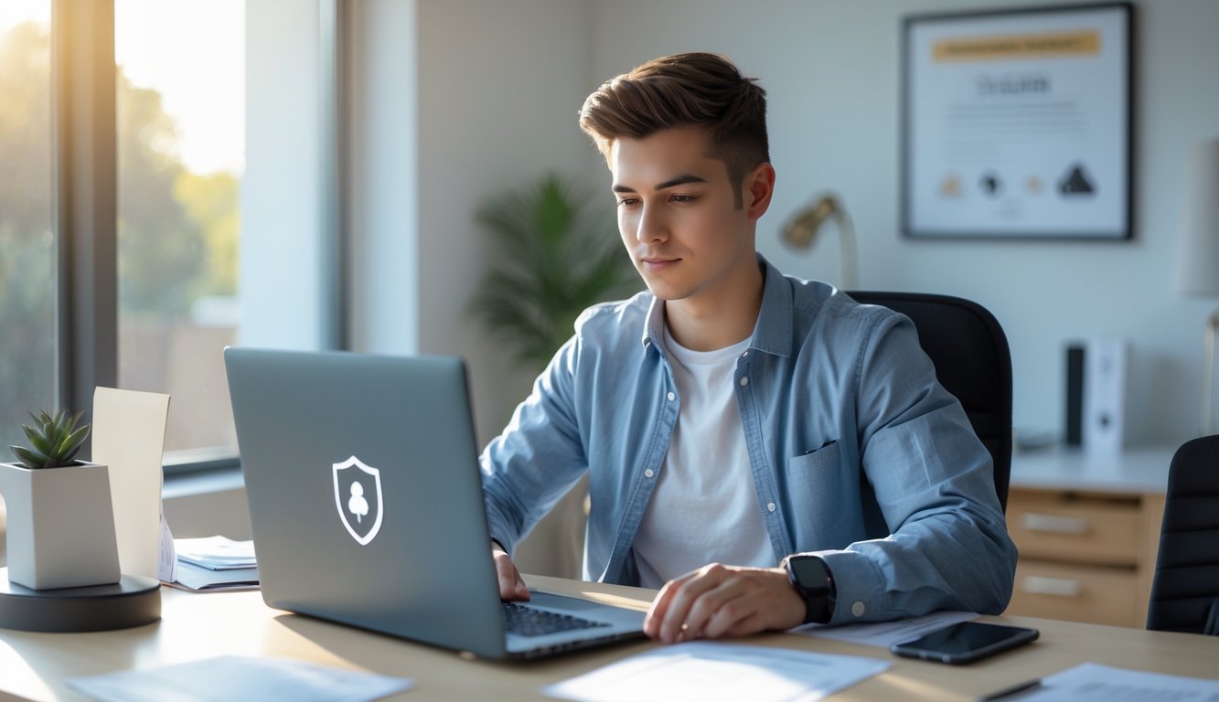 Seorang dewasa muda duduk di meja dengan laptop, terlihat fokus saat mendaftar poker online dalam ruangan kerja yang rapi dan terang.