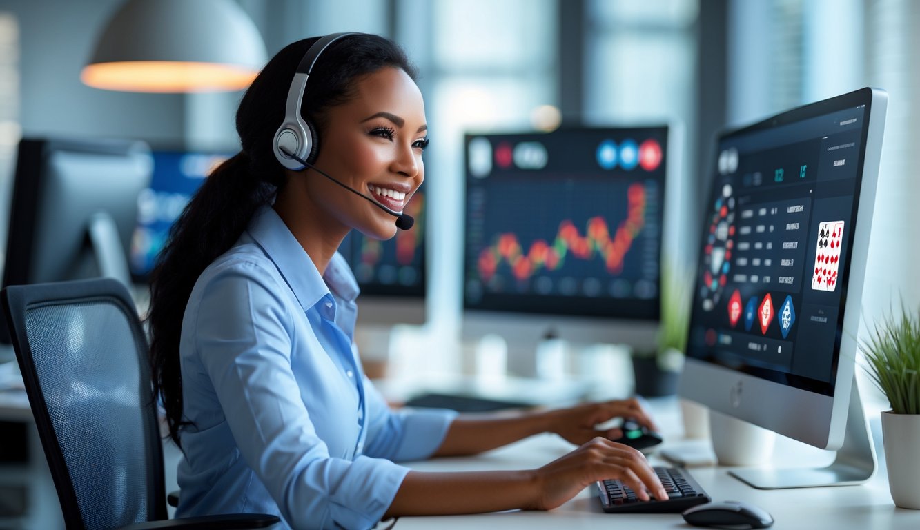 Seorang petugas layanan pelanggan yang tersenyum memakai headset di kantor modern dengan beberapa monitor komputer di latar belakang.