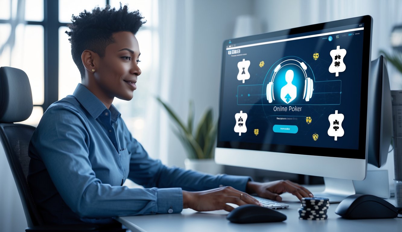 Seseorang duduk di depan komputer dengan tampilan permainan poker online, di latar belakang terdapat simbol layanan pelanggan 24 jam.