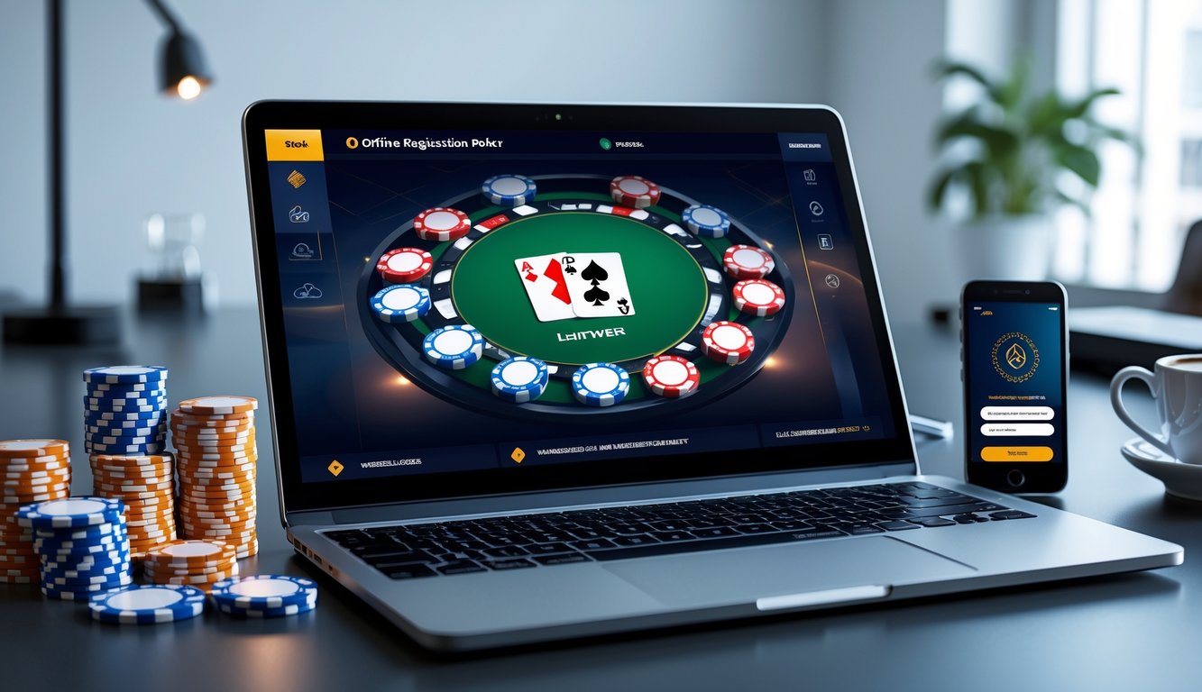 Meja kerja modern dengan laptop yang menampilkan permainan poker online, chip poker, kartu bermain, dan ponsel dengan layar login yang aman.