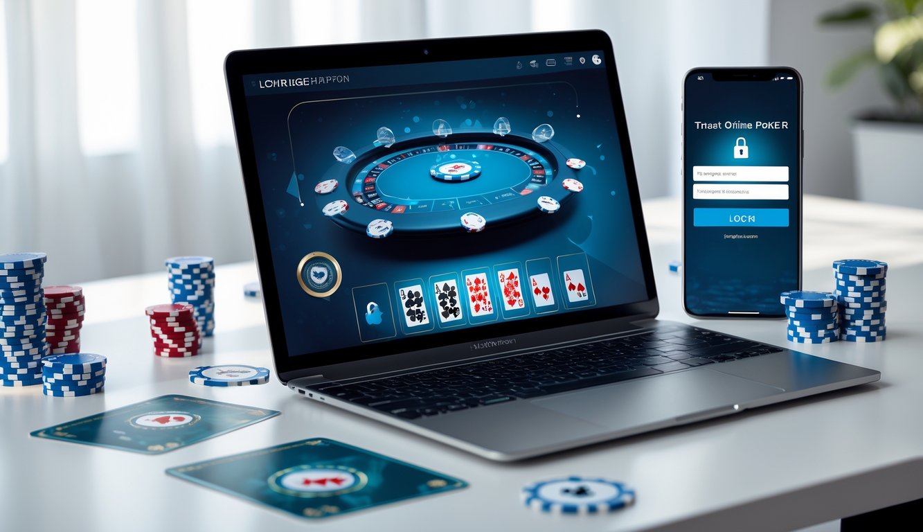 Meja kerja modern dengan laptop yang menampilkan permainan poker online, tumpukan chip poker, kartu remi, dan ponsel yang menunjukkan halaman masuk aman.