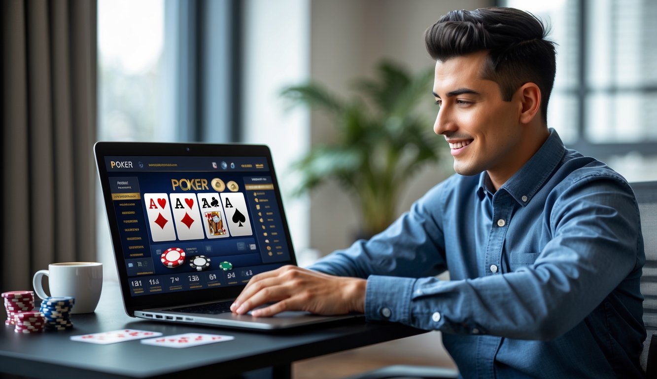 Seorang pria muda duduk di meja dengan laptop yang menampilkan permainan poker online, dikelilingi oleh chip poker dan kartu bermain.