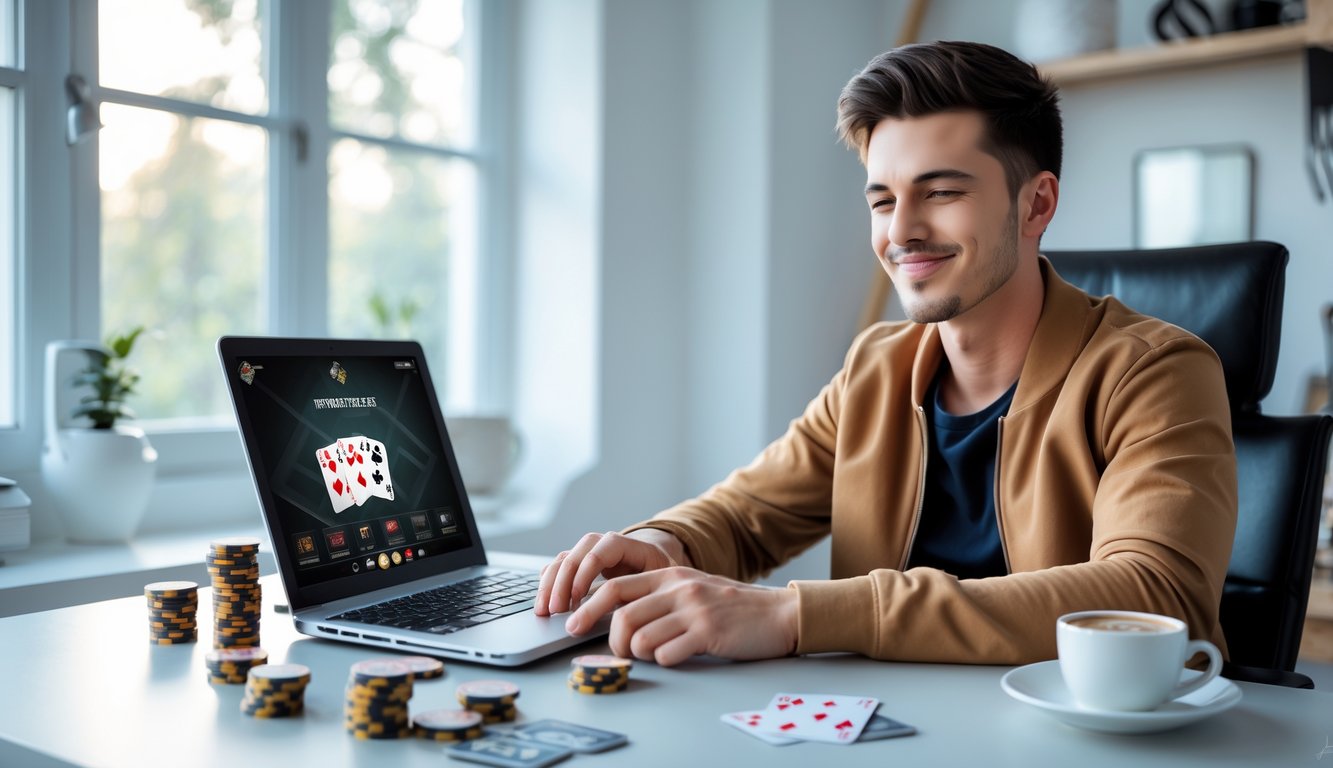 Seorang pria muda duduk di meja dengan laptop, bermain poker online di lingkungan kantor rumah yang terang dan nyaman.