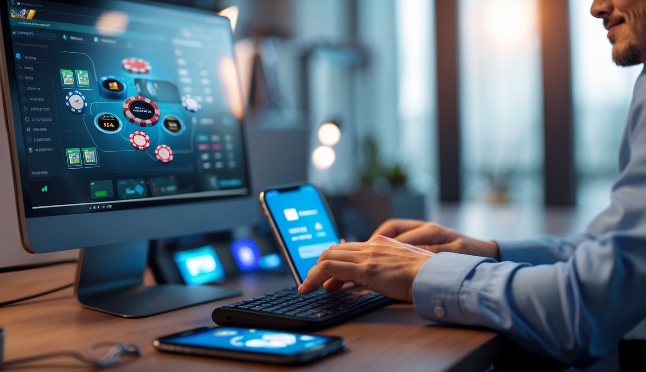 Seseorang menggunakan komputer untuk bermain poker online di ruang kerja yang rapi dengan ponsel di sampingnya.