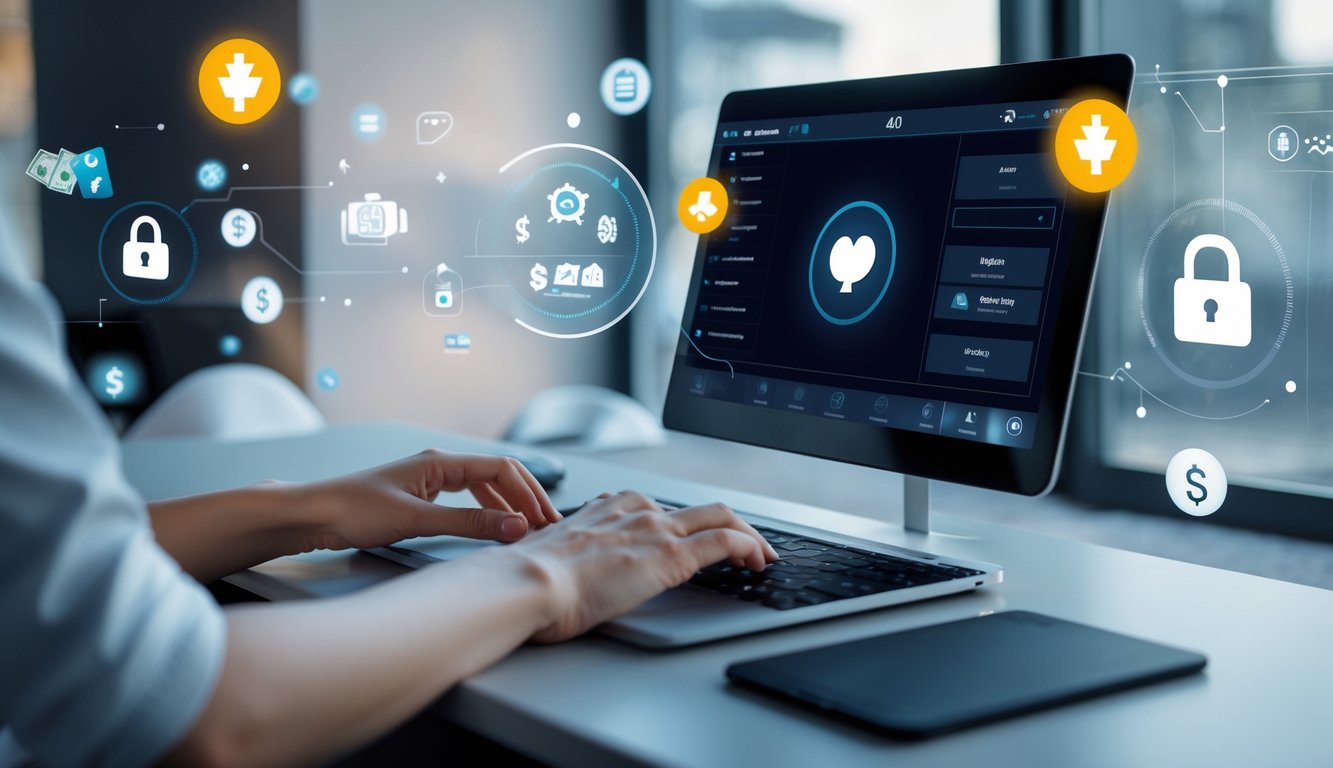 Seseorang menggunakan komputer dengan tampilan permainan poker online dan ikon transaksi cepat di sekitarnya.