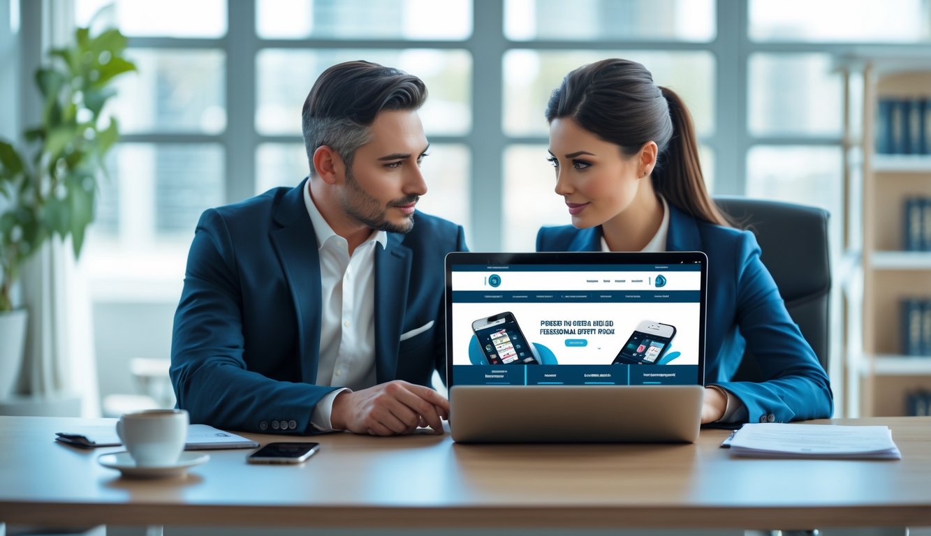 Dua orang profesional sedang berdiskusi di depan laptop di kantor modern, fokus memilih situs poker online yang aman dan terpercaya.