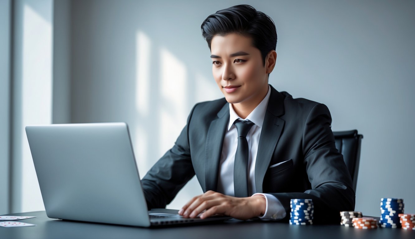 Seseorang yang percaya diri duduk di meja dengan laptop, dikelilingi chip poker dan kartu remi, menunjukkan aktivitas poker online.