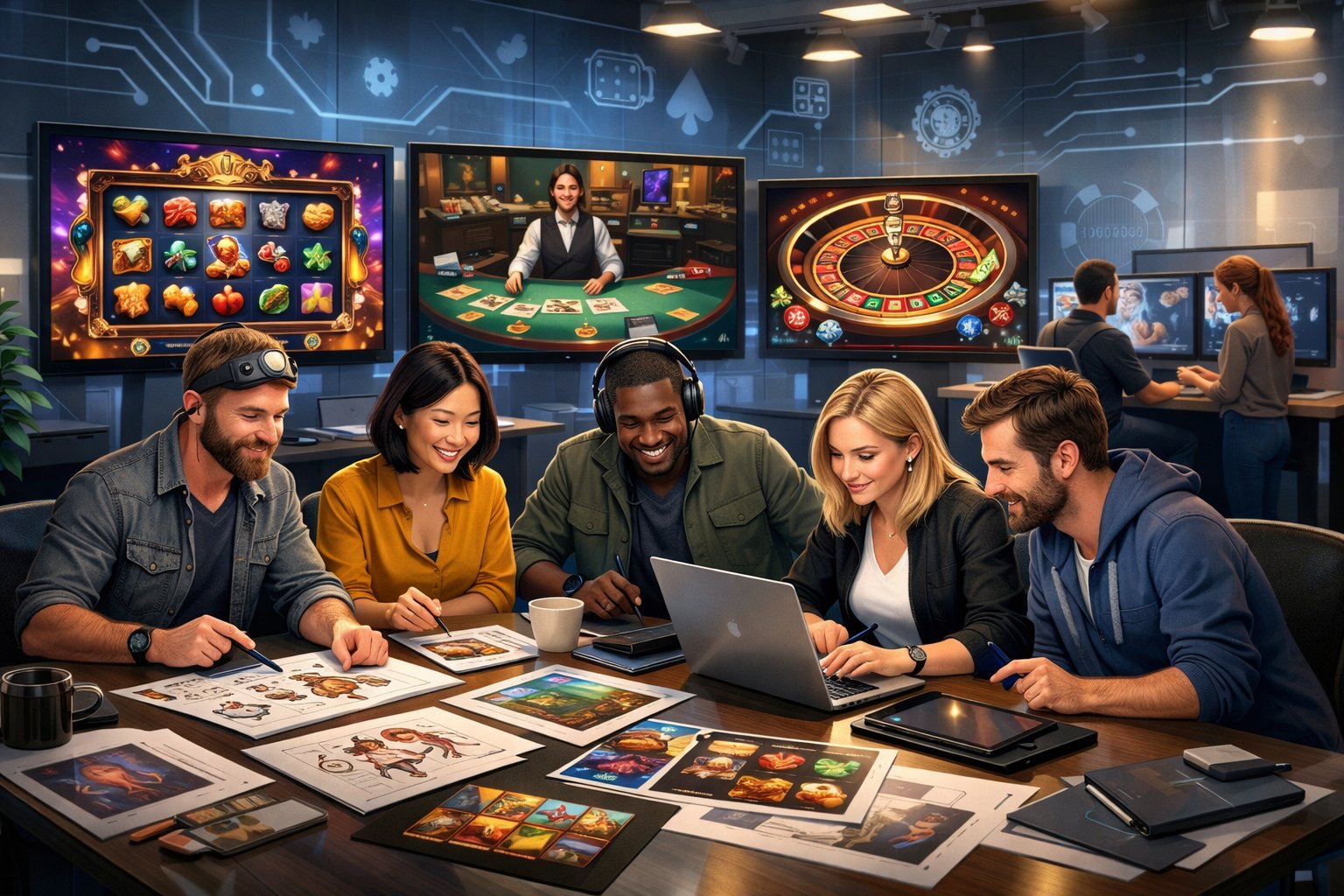 A Modern Office Scene With A Diverse Team Collaborating On Casino Game Designs, Surrounded By Digital Screens Showing Various Casino Games.