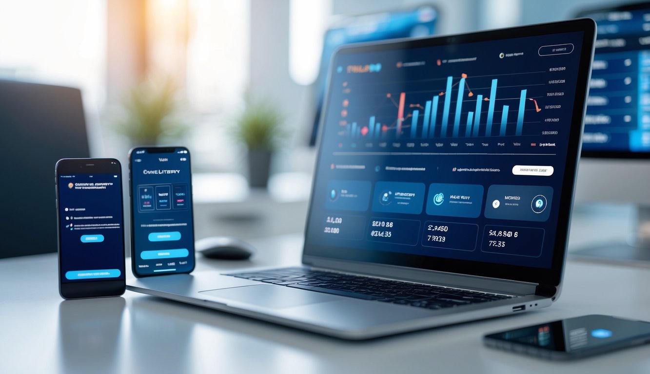 Meja kerja modern dengan laptop dan ponsel yang menampilkan aktivitas terkait lotere online yang cepat dan terpercaya.