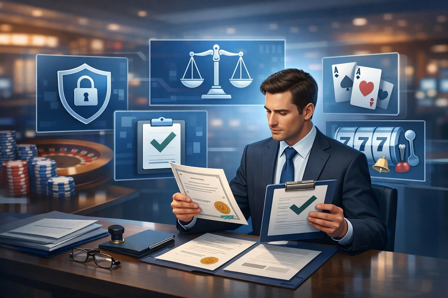 A Businessperson Reviewing Official Documents And Digital Screens Showing Security And CasinoRelated Icons In A Modern Office Setting.