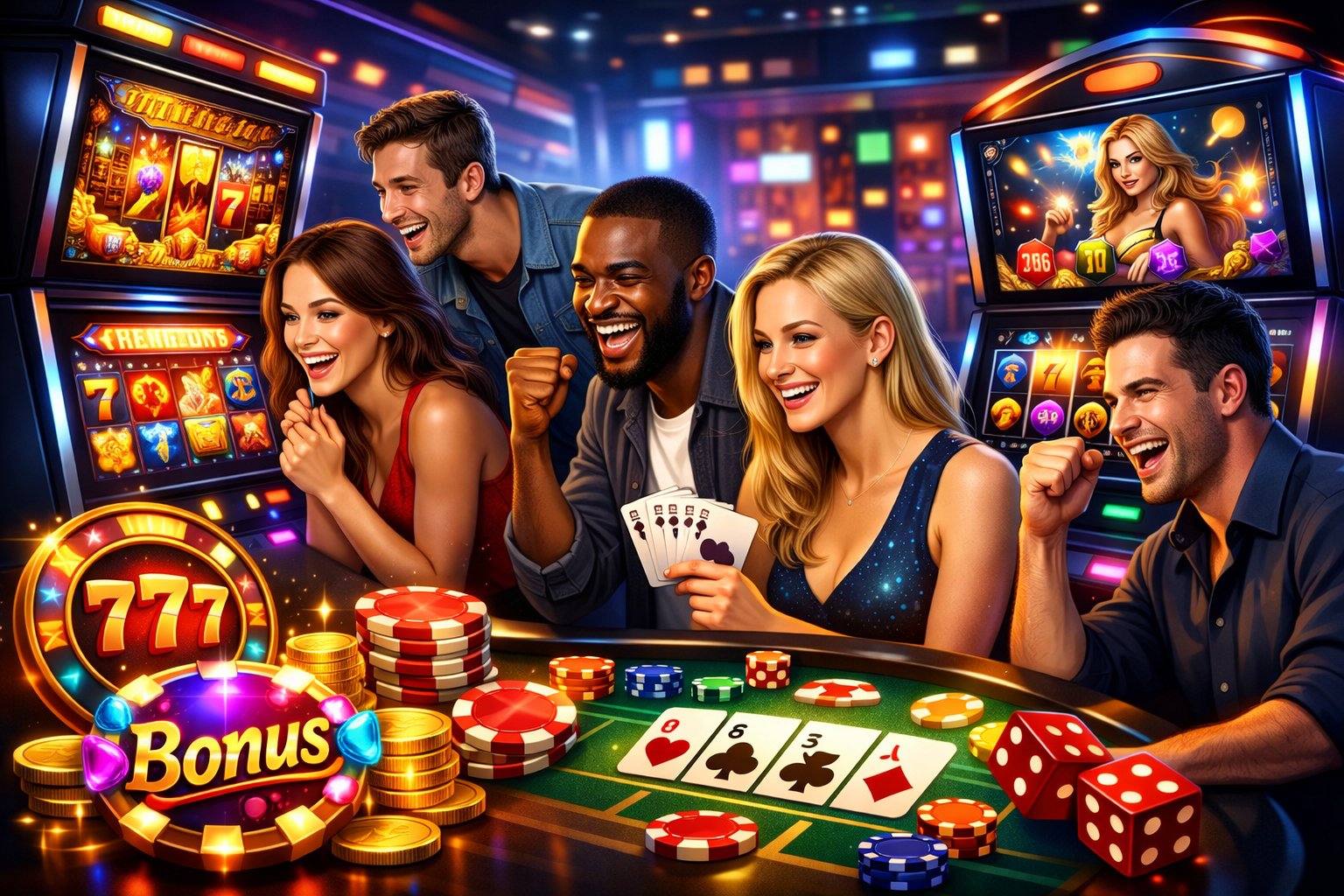 A Lively Casino Scene With Diverse Players Enjoying Slot Machines And Card Games, Surrounded By Glowing Chips And Game Icons.