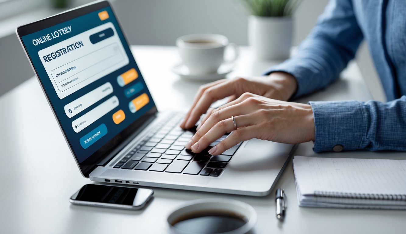 Seorang pria atau wanita sedang mengetik di laptop dengan tampilan situs pendaftaran togel online di meja kerja yang rapi dan terang.