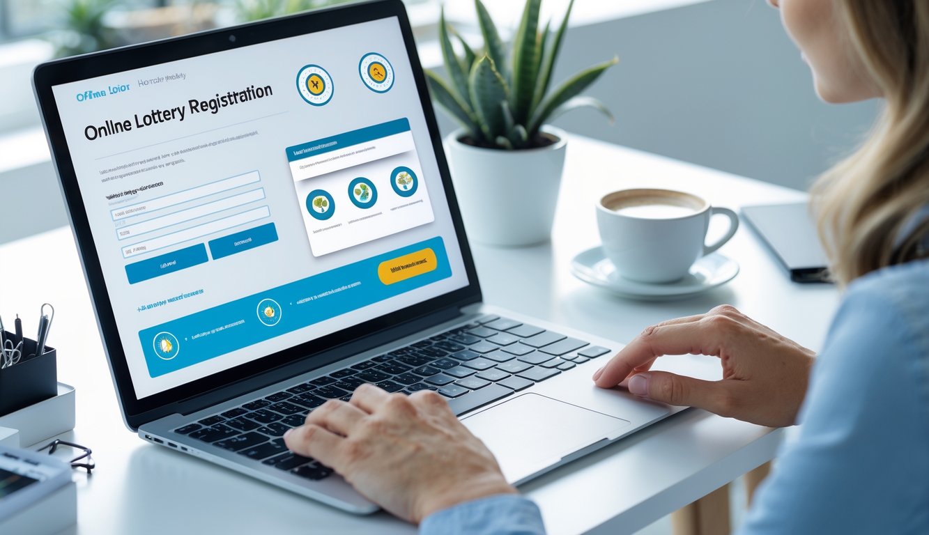 Seseorang sedang mengetik di laptop dengan tampilan situs pendaftaran togel online resmi di layar, di meja kerja yang rapi dengan tanaman dan cangkir kopi.