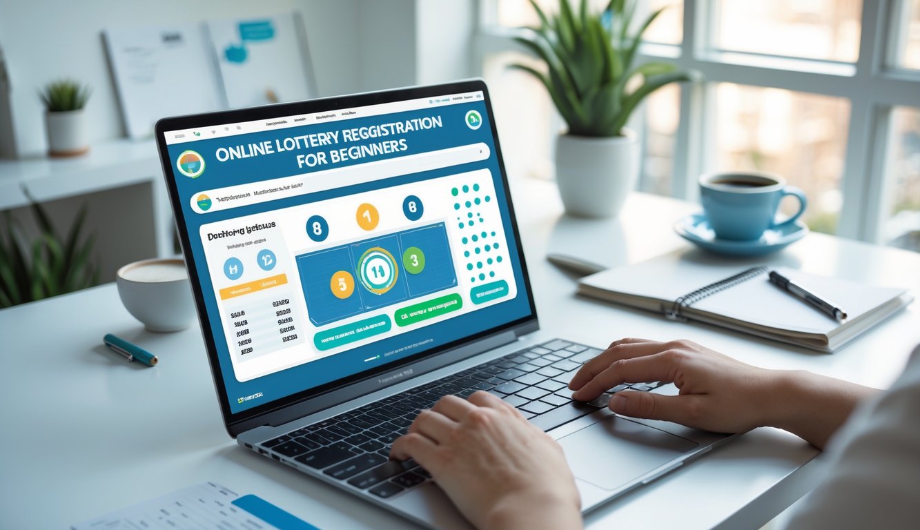 Seseorang sedang menggunakan laptop di meja kerja yang rapi dengan cahaya alami, fokus pada pendaftaran togel online.