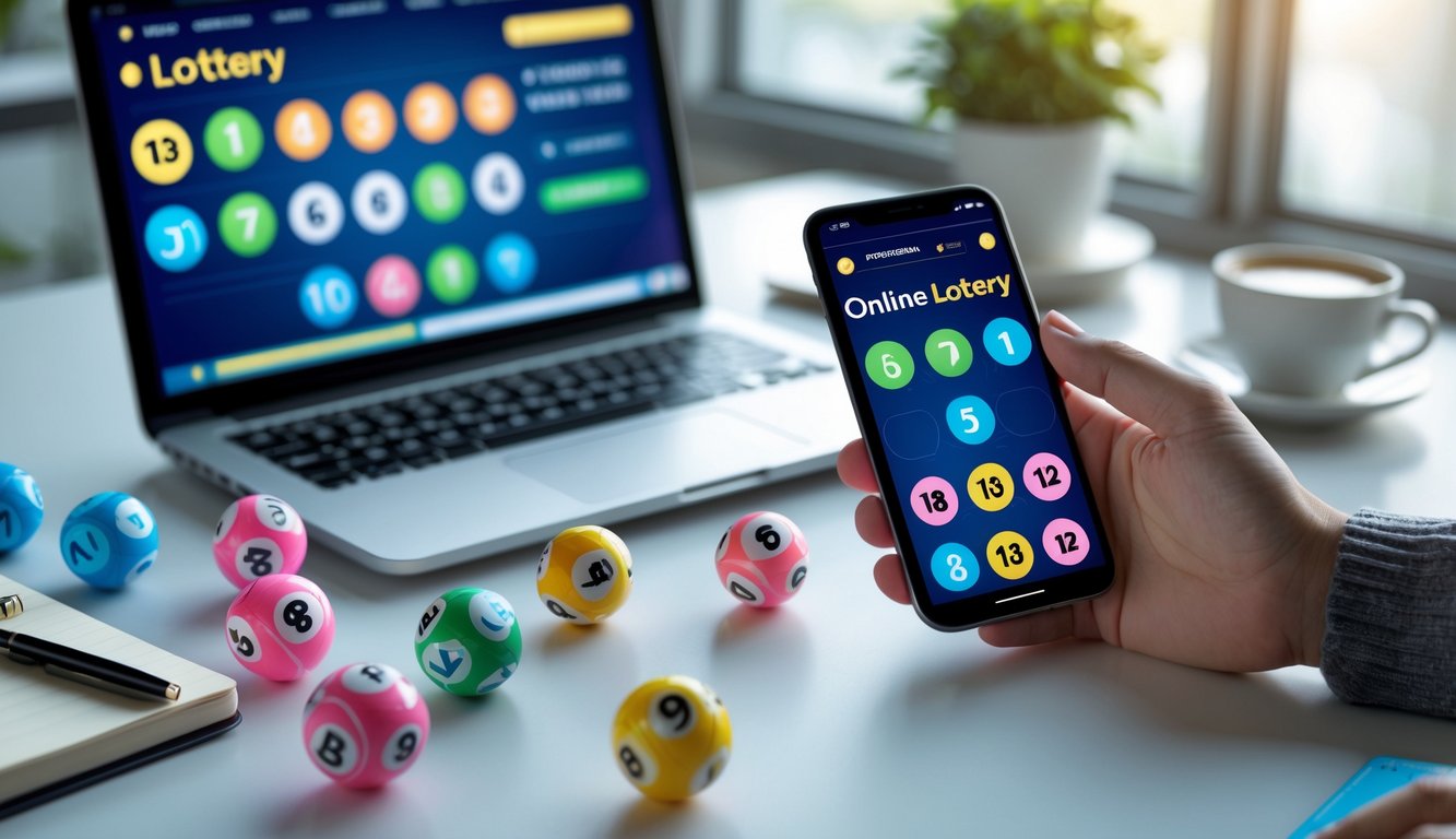 Meja kerja dengan laptop yang menampilkan antarmuka lotere digital, bola lotere berwarna-warni, dan tangan yang memegang ponsel dengan aplikasi lotere.