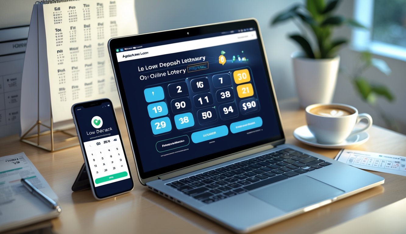Meja kerja dengan laptop dan ponsel yang menampilkan antarmuka lotere online, suasana terang dan rapi.