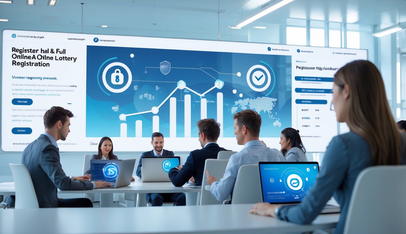 Orang-orang menggunakan laptop dan ponsel di kantor modern yang cerah, menunjukkan aktivitas pendaftaran togel online yang aman dan terpercaya.