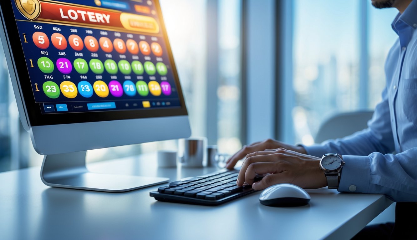Meja kerja modern dengan komputer yang menampilkan antarmuka lotre digital, tangan seseorang menggunakan mouse dan keyboard, menonjolkan pengalaman lotre online yang aman dan terpercaya.