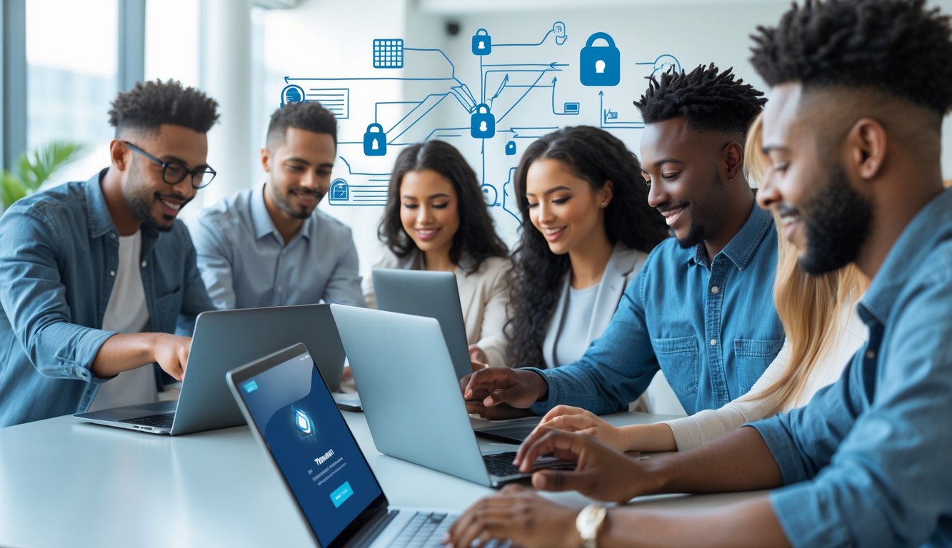 Beberapa orang menggunakan laptop dan ponsel di ruang kantor modern dengan pencahayaan alami, menunjukkan aktivitas pendaftaran togel online yang aman dan terpercaya.