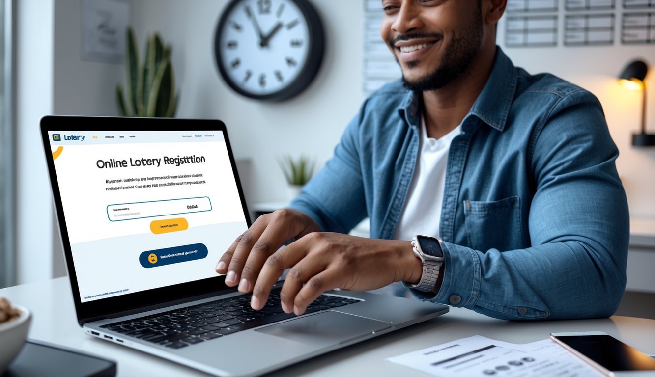 Seseorang menggunakan laptop dan ponsel di meja kerja yang rapi, menunjukkan proses pendaftaran dan penarikan cepat pada layanan togel online terpercaya.