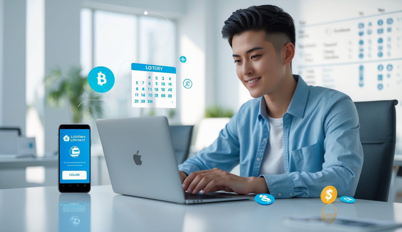 Seorang dewasa muda menggunakan laptop di ruang kerja yang terang dan rapi dengan elemen simbolik terkait lotere online dan transaksi cepat di meja.